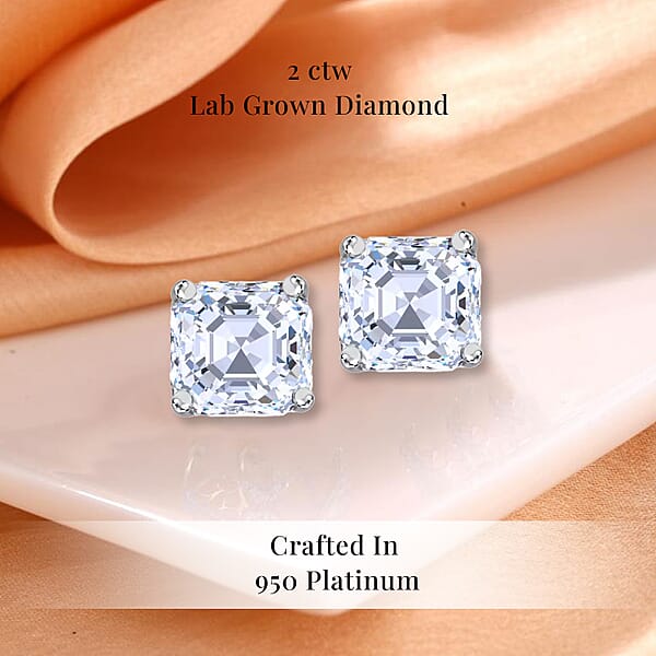 IGI Certified Asscher Cut Luxuriant Lab Grown Diamond G-H VS 2.00 Ctw Stud Earrings In 950 Platinum