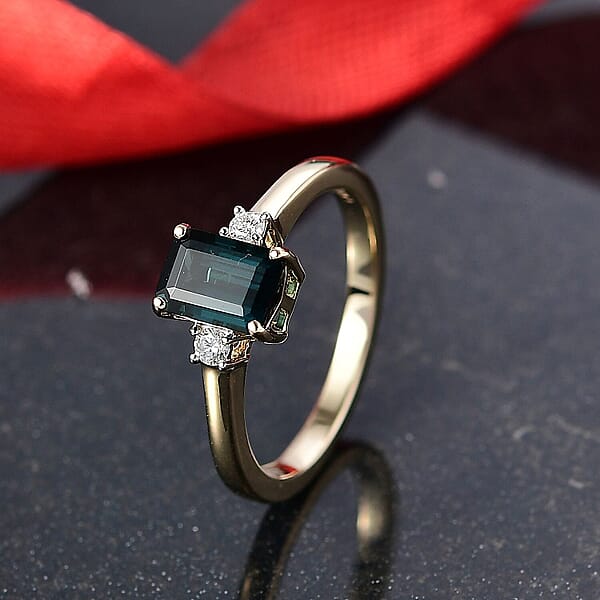 IGI Certified Luxoro 10K Yellow Gold AAA Monte Belo Indicolite Diamond (I2) Ring 1.35 Ctw