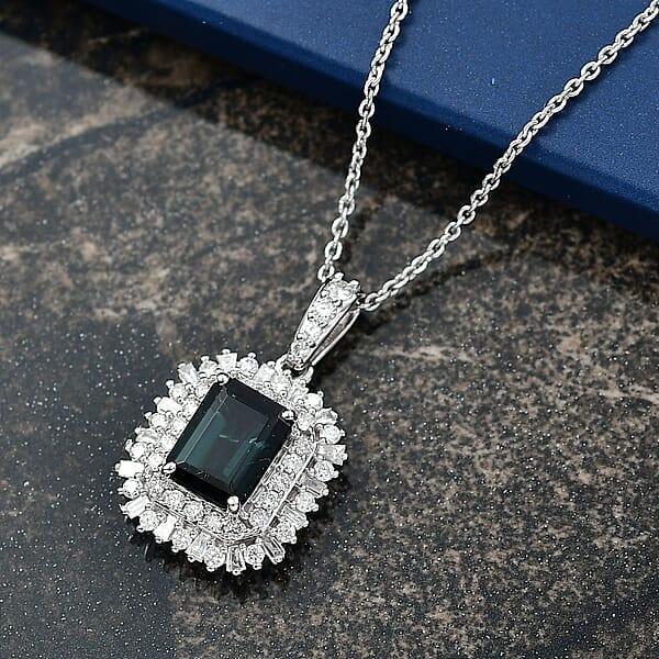 IGI Certified Luxoro AAA Monte Belo Indicolite And Diamond I2 2.45 Ctw Art Deco Pendant Necklace In 10K White Gold 20 Inches