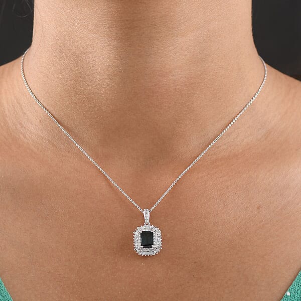 IGI Certified Luxoro AAA Monte Belo Indicolite And Diamond I2 2.45 Ctw Art Deco Pendant Necklace In 10K White Gold 20 Inches