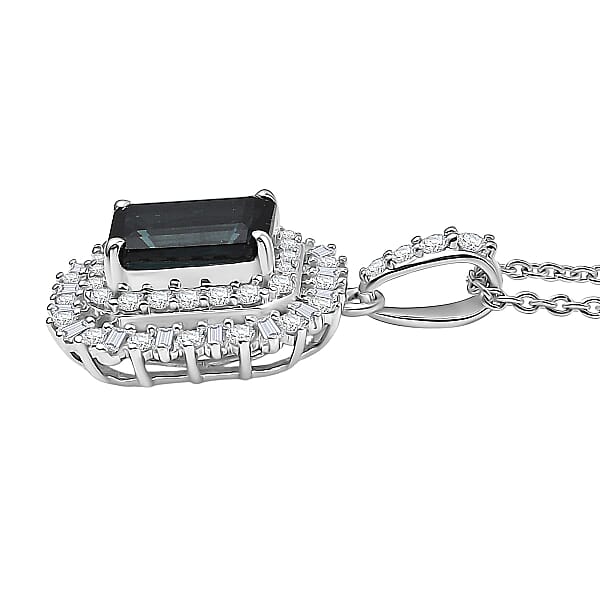 IGI Certified Luxoro AAA Monte Belo Indicolite And Diamond I2 2.45 Ctw Art Deco Pendant Necklace In 10K White Gold 20 Inches