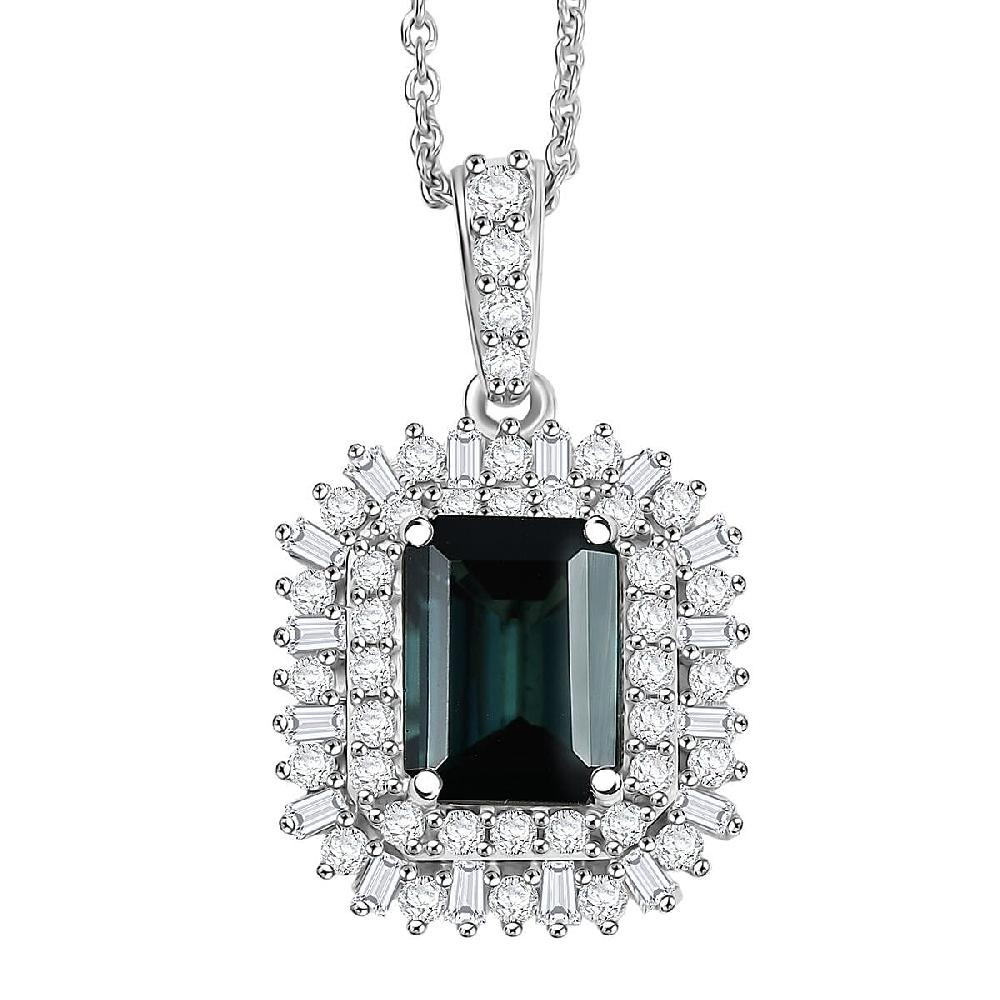 IGI Certified Luxoro AAA Monte Belo Indicolite and Diamond I2 2.45 ctw Art Deco Pendant Necklace in 10K White Gold 20 Inches