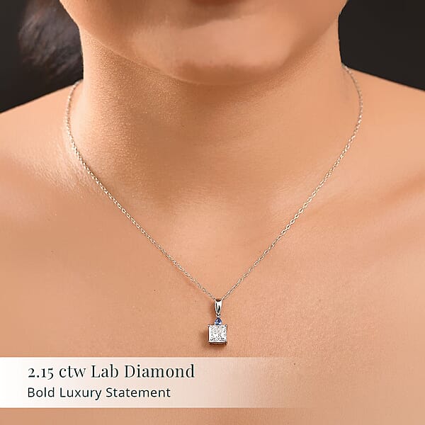 IGI Certified Princess Cut Luxuriant Lab Grown Diamond E-F VS And Ceylon Blue Sapphire 2.15 Ctw Pendant Necklace In 950 Platinum 20 Inches