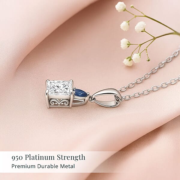 IGI Certified Princess Cut Luxuriant Lab Grown Diamond E-F VS And Ceylon Blue Sapphire 2.15 Ctw Pendant Necklace In 950 Platinum 20 Inches