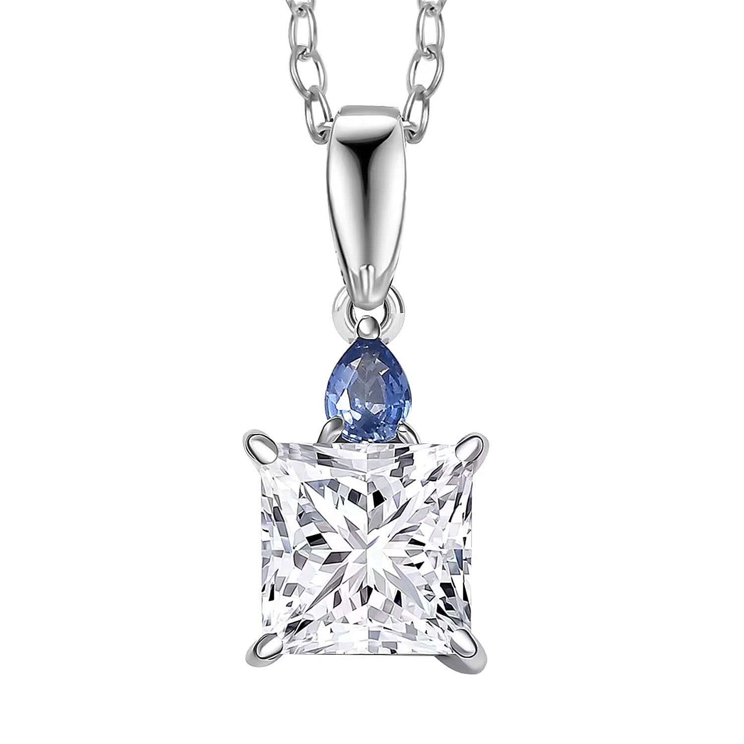 IGI Certified Princess Cut Luxuriant Lab Grown Diamond E-F VS and Ceylon Blue Sapphire 2.15 ctw Pendant Necklace in 950 Platinum 20 Inches
