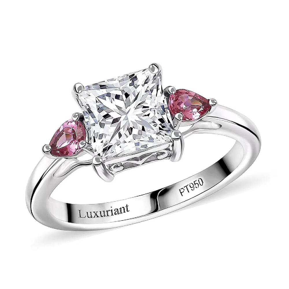 IGI Certified Princess Cut Luxuriant Lab Grown Diamond E-F VS and Ouro Fino Rubellite 2.40 ctw Celestial Crown Ring in 950 Platinum