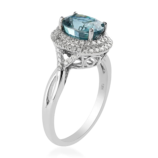 Iliana 18K White Gold AAA Blue Zircon And Diamond G-H SI Double Halo Ring 4.45 Grams 3.85 Ctw