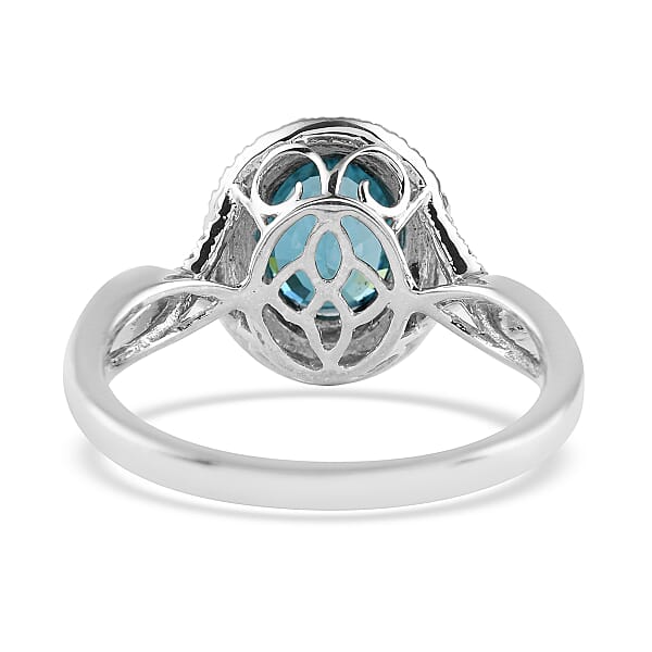 Iliana 18K White Gold AAA Blue Zircon And Diamond G-H SI Double Halo Ring 4.45 Grams 3.85 Ctw