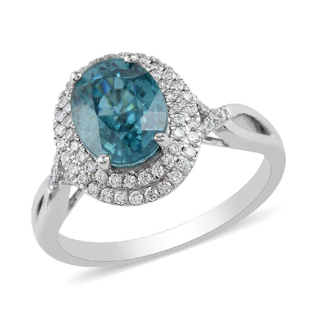 Iliana 18K White Gold AAA Blue Zircon and Diamond G-H SI Double Halo Ring 4.45 Grams 3.85 ctw
