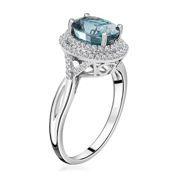 Iliana 18K White Gold AAA Blue Zircon And G-H SI Diamond Double Halo Ring 4.45 Grams 3.85 Ctw