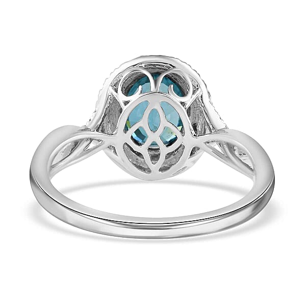 Iliana 18K White Gold AAA Blue Zircon And G-H SI Diamond Double Halo Ring 4.45 Grams 3.85 Ctw