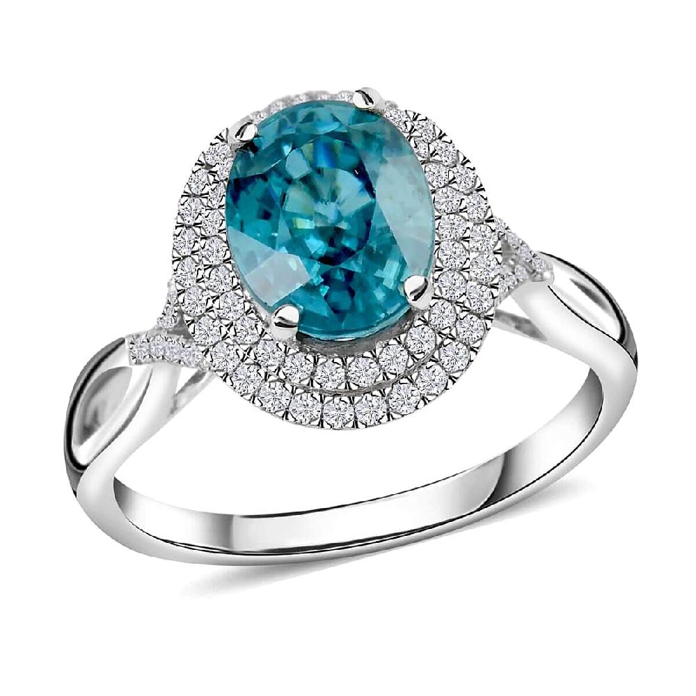 Iliana 18K White Gold AAA Blue Zircon and G-H SI Diamond Double Halo Ring 4.45 Grams 3.85 ctw