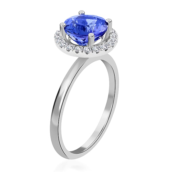 Iliana 18K White Gold AAA Tanzanite And G-H SI Diamond Halo Ring 1.80 Ctw