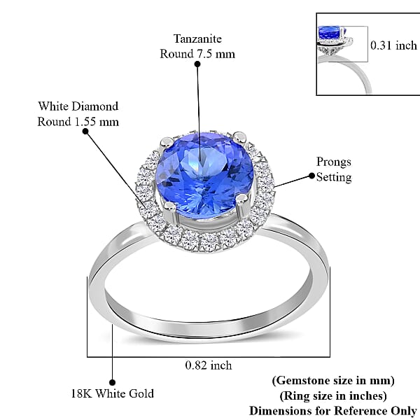 Iliana 18K White Gold AAA Tanzanite And G-H SI Diamond Halo Ring 1.80 Ctw