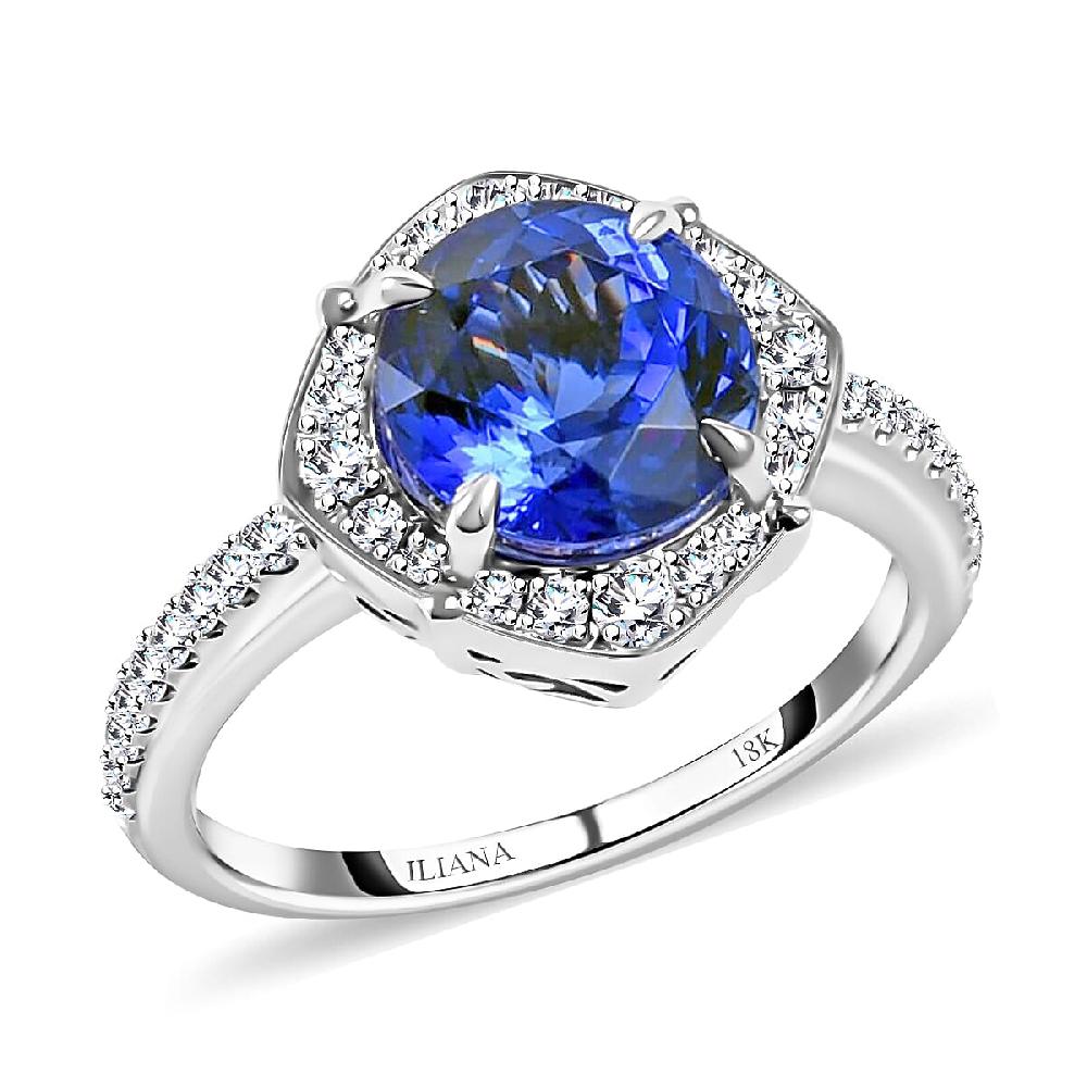 Iliana 18K White Gold AAA Tanzanite and G-H SI Diamond Halo Ring 5.34 Grams 4.15 ctw