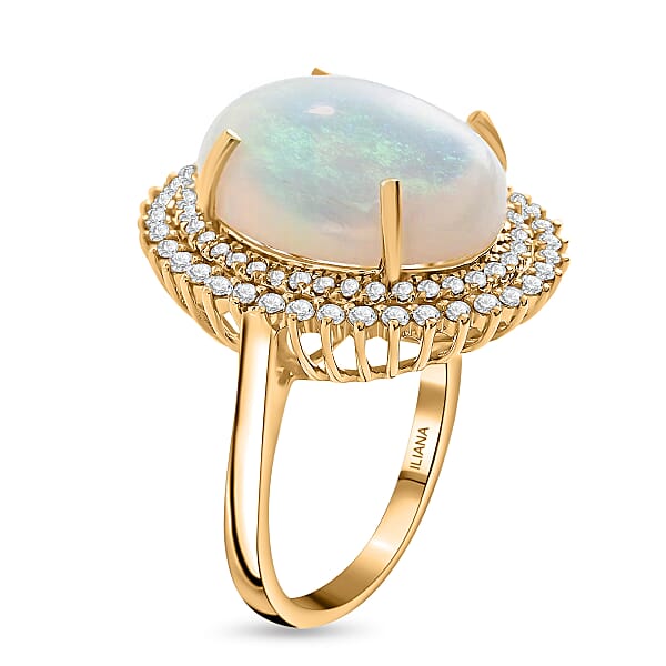 Iliana 18K Yellow Gold AAA Ethiopian Welo Opal And G-H SI Diamond Double Halo Ring 7.80 Grams 7.25 Ctw