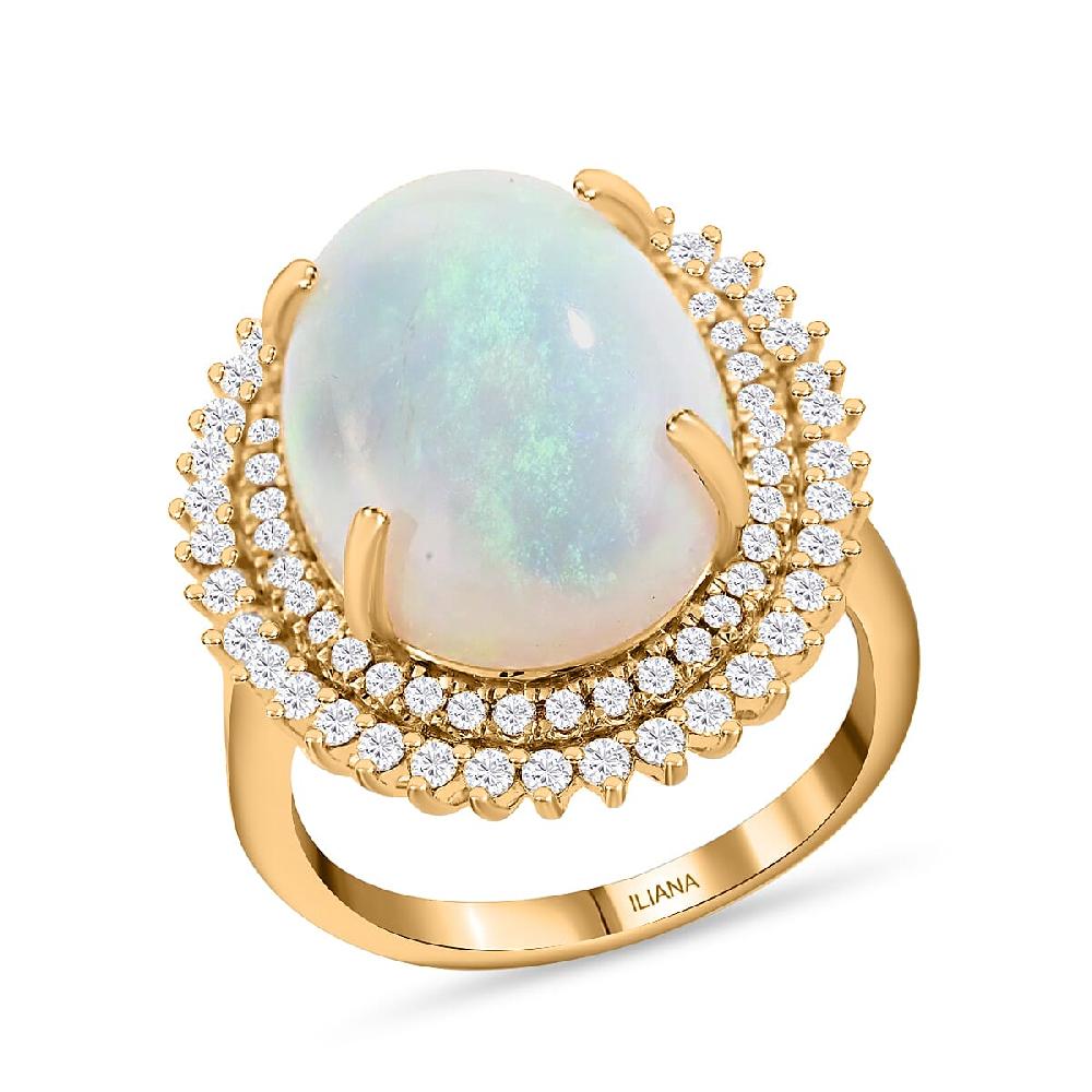 Iliana 18K Yellow Gold AAA Ethiopian Welo Opal and G-H SI Diamond Double Halo Ring 7.80 Grams 7.25 ctw