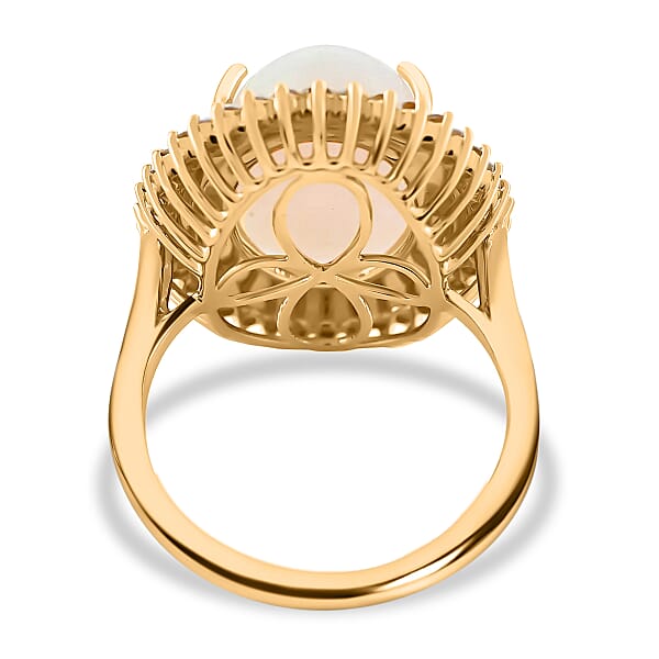 Iliana 18K Yellow Gold AAA Ethiopian Welo Opal And G-H SI Diamond Double Halo Ring 7.80 Grams 7.25 Ctw