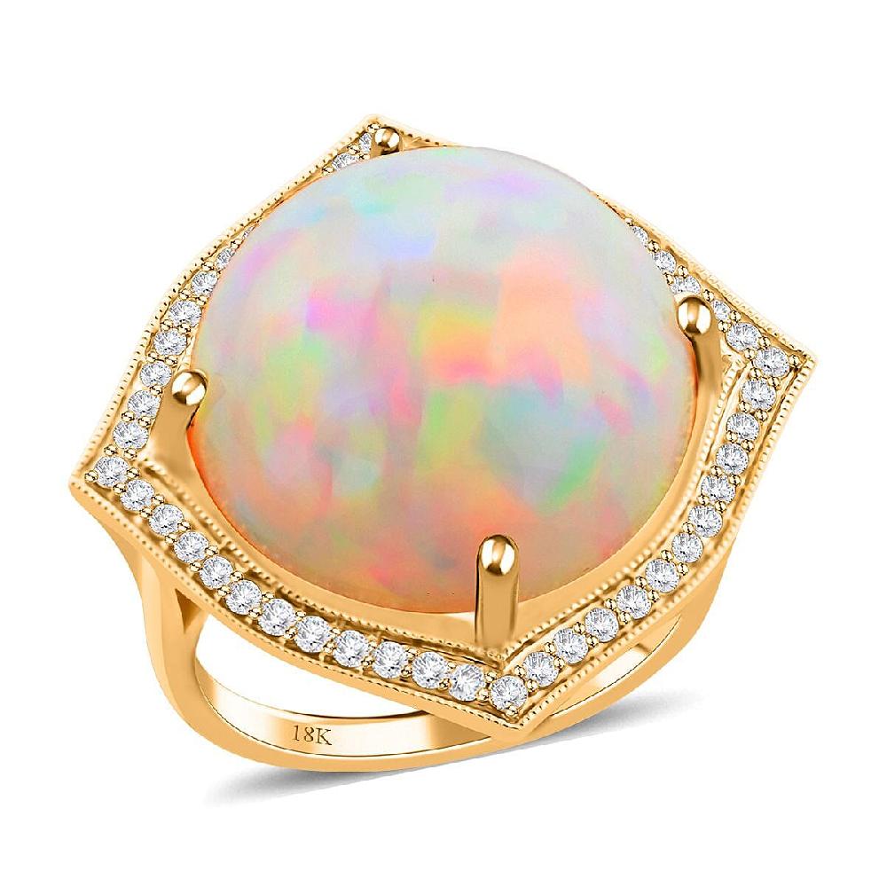 Iliana 18K Yellow Gold AAA Ethiopian Welo Opal and G-H SI White Diamond Ring 6 Grams 12.30 ctw