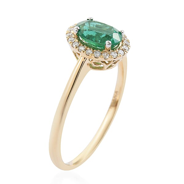 Iliana 18K Yellow Gold AAA Kagem Zambian Emerald And G-H SI Diamond Halo Ring 1.40 Ctw
