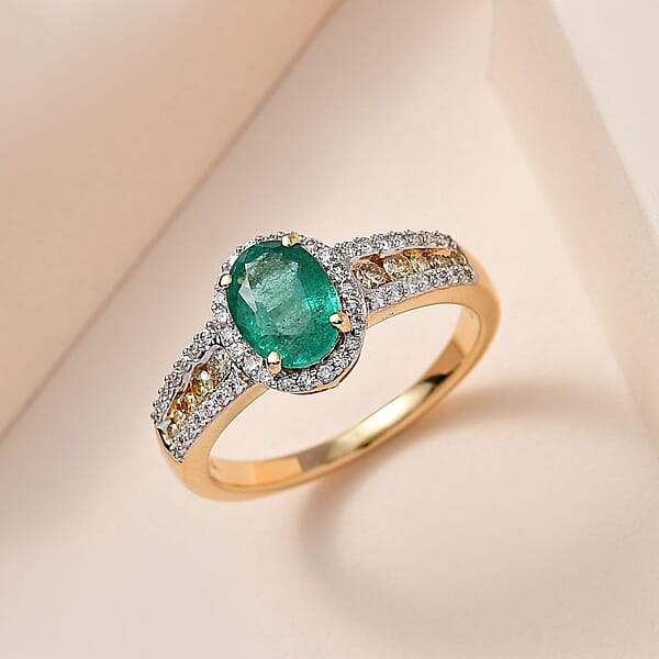 Iliana 18K Yellow Gold AAA Kagem Zambian Emerald And I1-I2 Natural Yellow And White Diamond Ring 4.10 Grams 1.60 Ctw