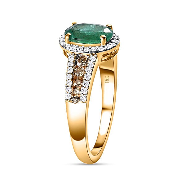 Iliana 18K Yellow Gold AAA Kagem Zambian Emerald And I1-I2 Natural Yellow And White Diamond Ring 4.10 Grams 1.60 Ctw