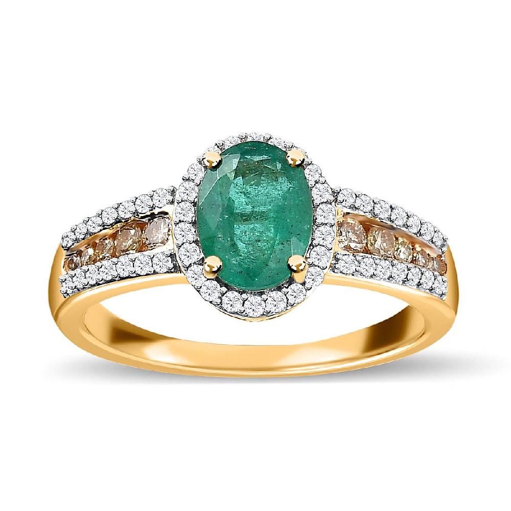 Iliana 18K Yellow Gold AAA Kagem Zambian Emerald and I1-I2 Natural Yellow and White Diamond Ring 4.10 Grams 1.60 ctw