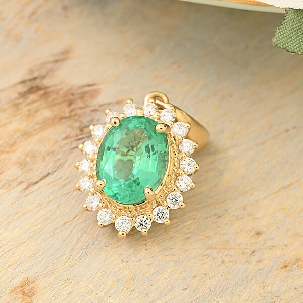Iliana 18K Yellow Gold AAA Kagem Zambian Emerald And SI Diamond Sunburst Pendant Without Chain 2.20 Ctw