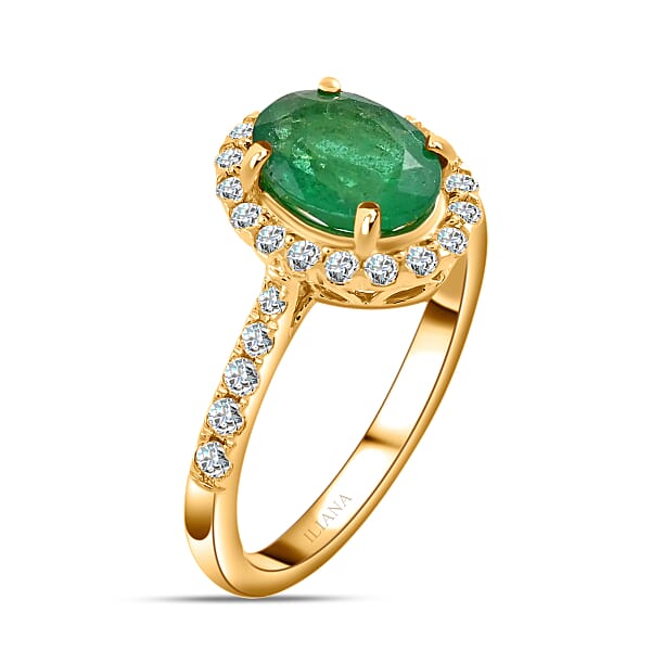 Iliana 18K Yellow Gold AAA Kagem Zambian Emerald And G-H SI Diamond Halo Ring 1.65 Ctw