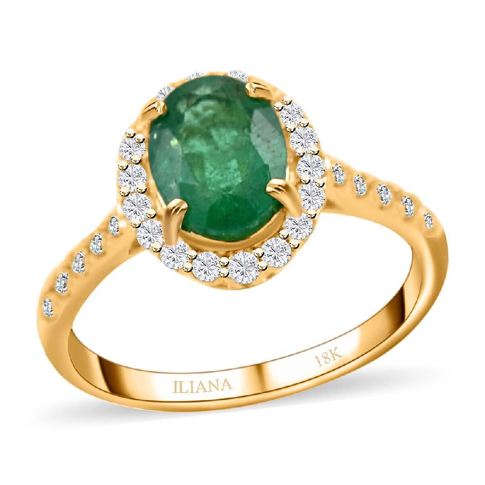 Iliana 18K Yellow Gold AAA Kagem Zambian Emerald and G-H SI Diamond Halo Ring 1.65 ctw