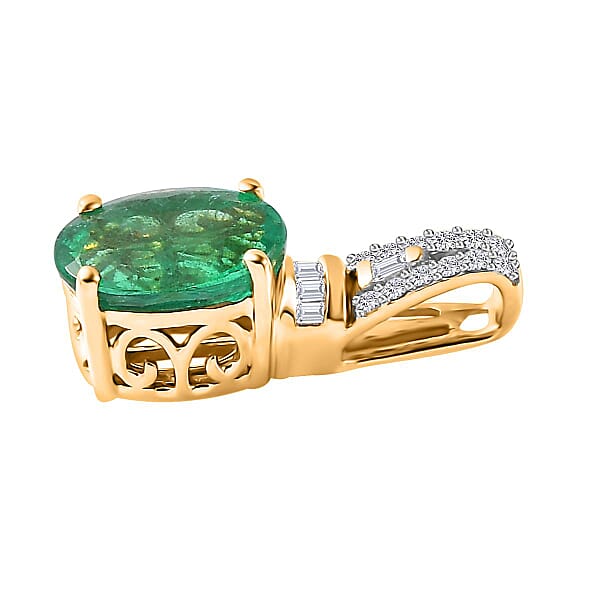 Iliana 18K Yellow Gold AAA Kagem Zambian Emerald And G-H SI Diamond Pendant Without Chain 1.80 Ctw