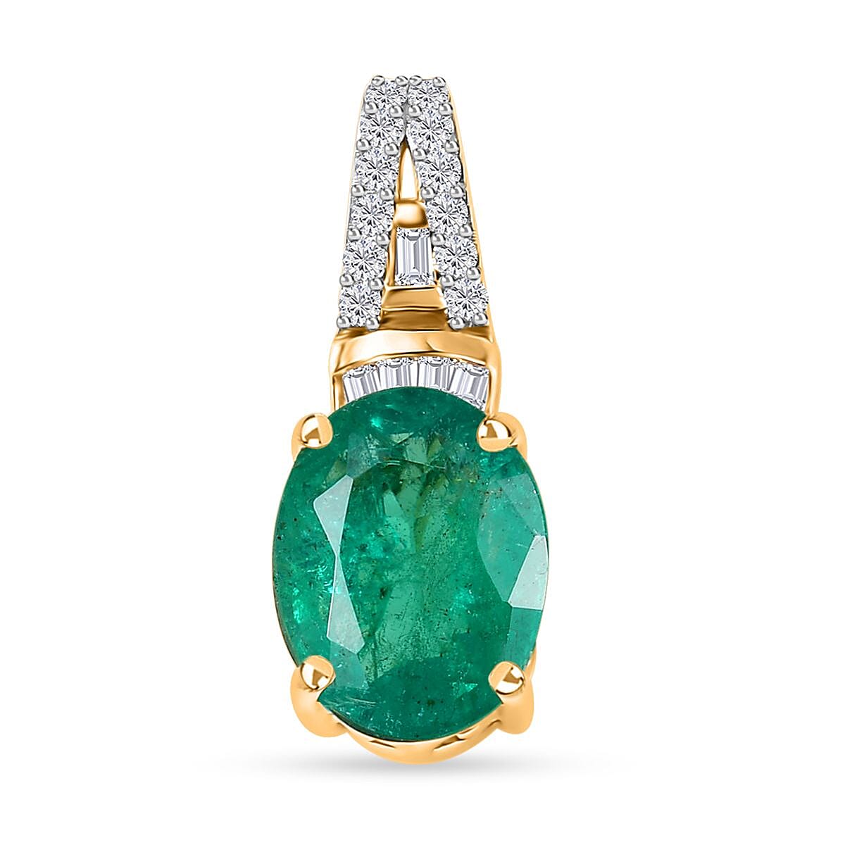 Iliana 18K Yellow Gold AAA Kagem Zambian Emerald and G-H SI Diamond Pendant without Chain 1.80 ctw