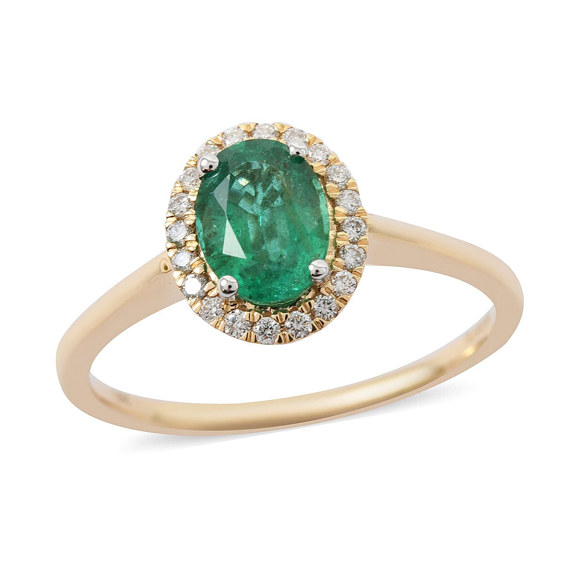 Iliana 18K Yellow Gold AAA Kagem Zambian Emerald and G-H SI Diamond Halo Ring 1.40 ctw