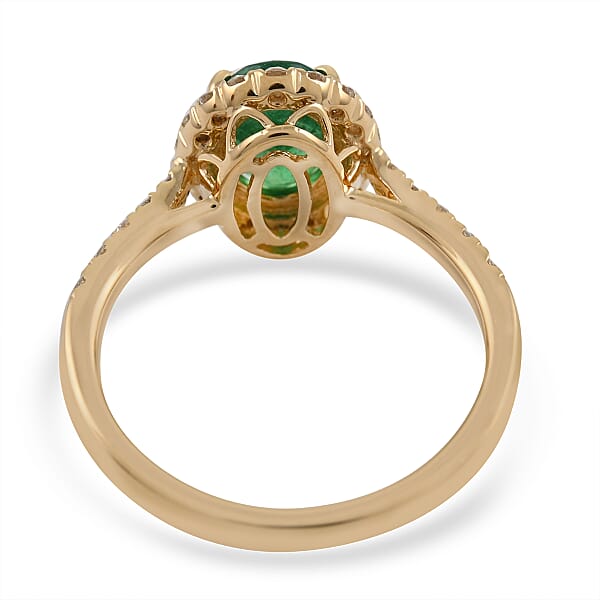 Iliana 18K Yellow Gold AAA Kagem Zambian Emerald Diamond (G-H SI) (0.30 Cts) Halo Ring (3.75 G) 1.65 Ctw