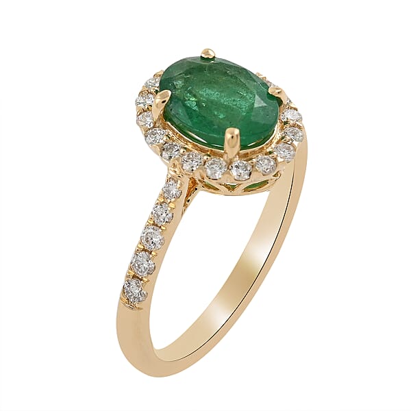 Iliana 18K Yellow Gold AAA Kagem Zambian Emerald Diamond (G-H SI) (0.30 Cts) Halo Ring (3.75 G) 1.65 Ctw