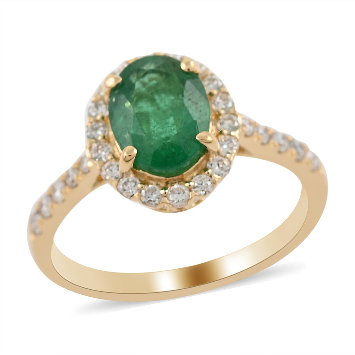 Iliana 18K Yellow Gold AAA Kagem Zambian Emerald Diamond (G-H SI) (0.30 cts) Halo Ring (3.75 g) 1.65 ctw
