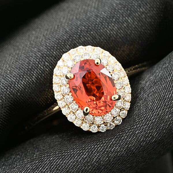 Iliana 18K Yellow Gold AAA Sanguine Sapphire And G-H SI Diamond Double Halo Ring 1.25 Ctw