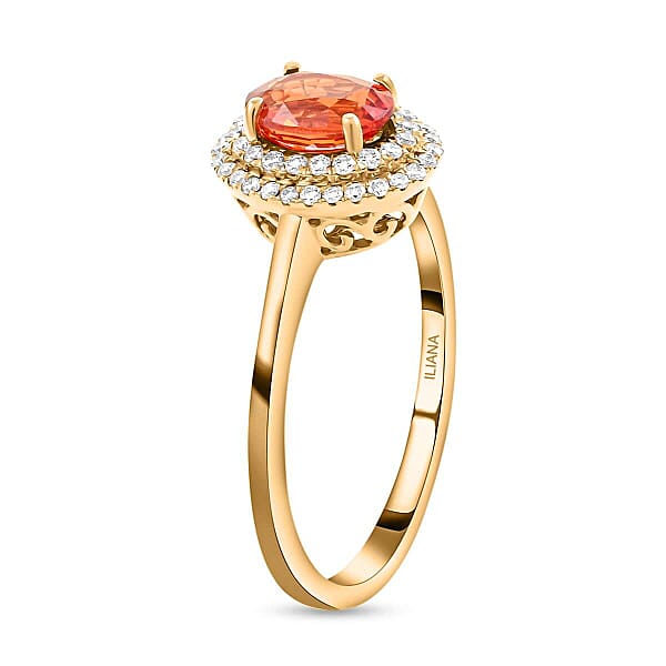 Iliana 18K Yellow Gold AAA Sanguine Sapphire And G-H SI Diamond Double Halo Ring 1.25 Ctw