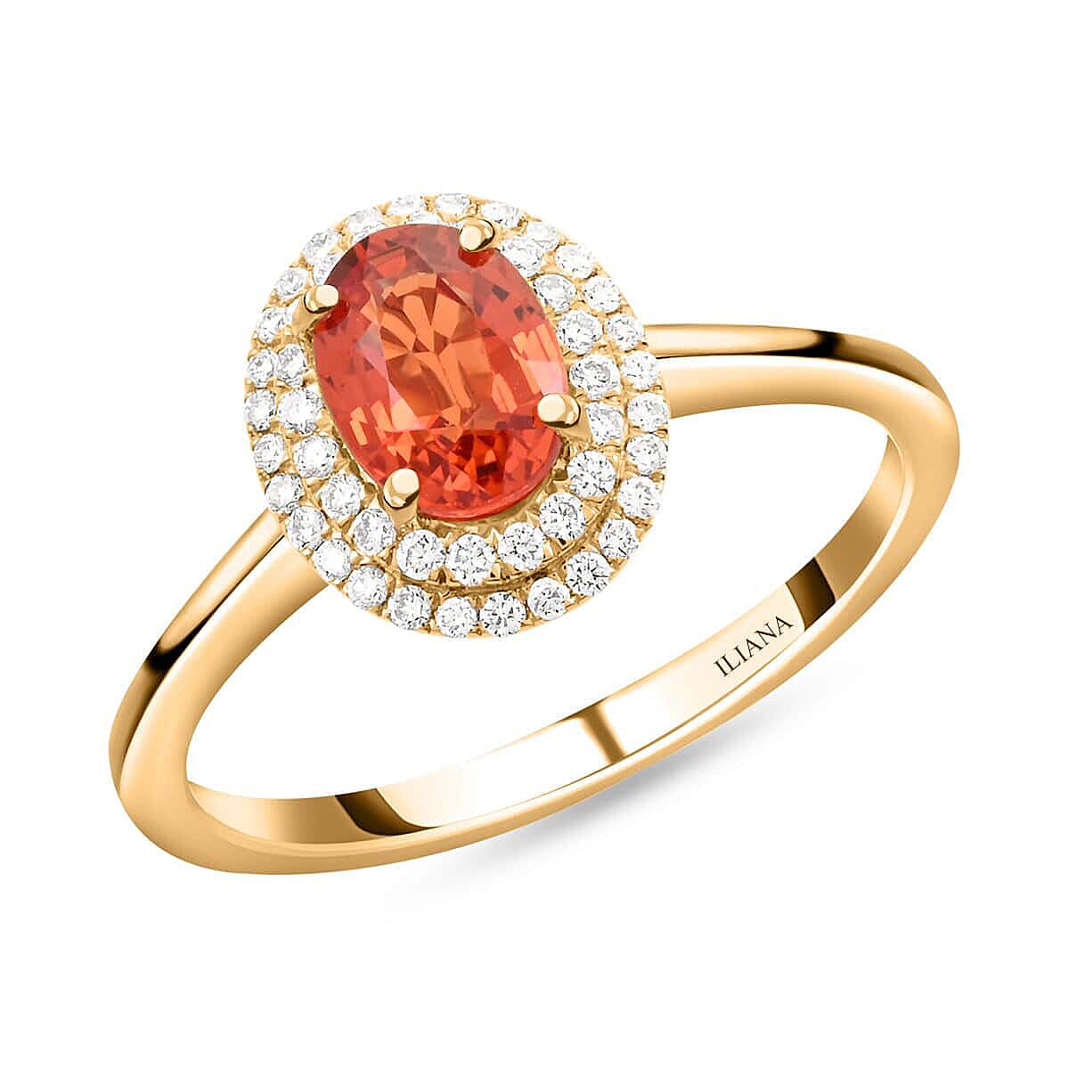 Iliana 18K Yellow Gold AAA Sanguine Sapphire and G-H SI Diamond Double Halo Ring 1.25 ctw