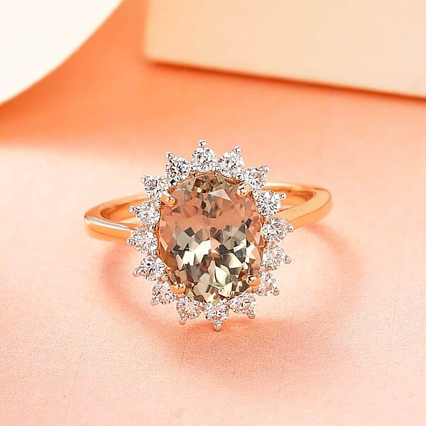 Iliana 18K Yellow Gold AAA Turkizite And G-H SI Diamond Halo Ring 3.75 Ctw