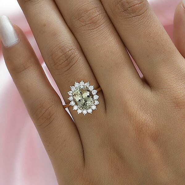 Iliana 18K Yellow Gold AAA Turkizite And G-H SI Diamond Halo Ring 3.75 Ctw