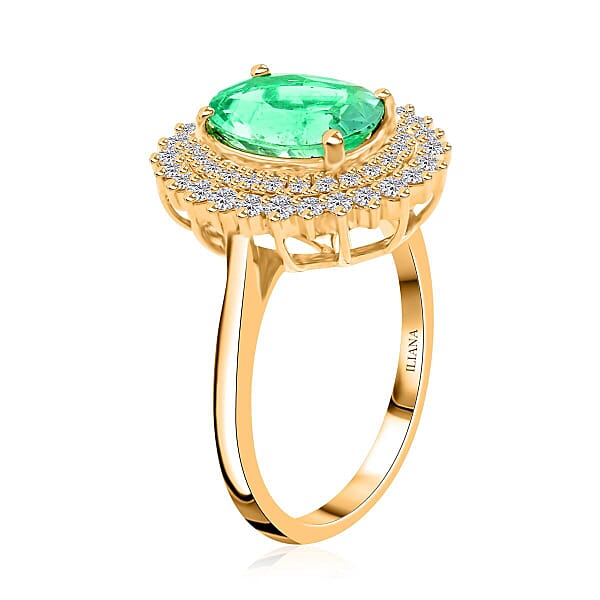 Iliana AAA Boyaca Colombian Emerald And G-H SI Diamond 3.00 Ctw Sunburst Ring In 18K Yellow Gold 5.40 Grams