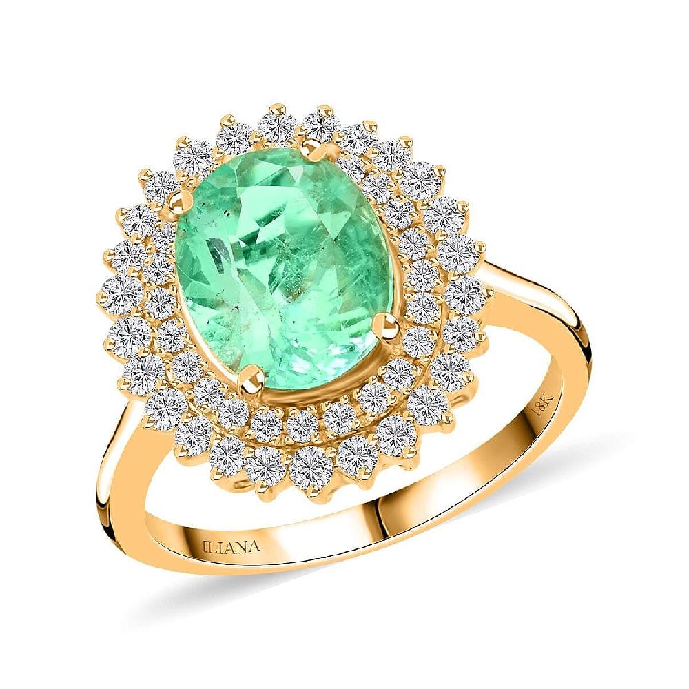 Iliana AAA Boyaca Colombian Emerald and G-H SI Diamond 3.00 ctw Sunburst Ring in 18K Yellow Gold 5.40 Grams