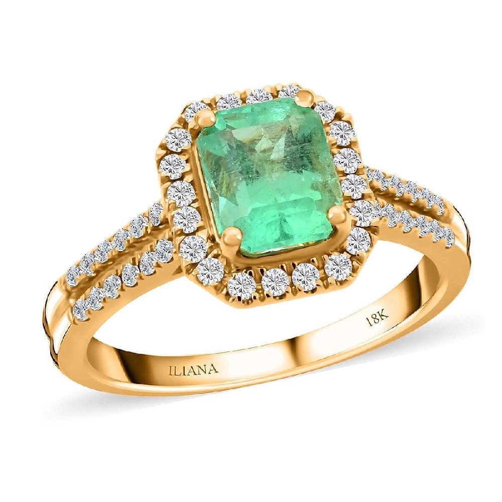 Iliana AAA Boyaca Colombian Emerald and G-H SI Diamond 1.70 ctw Halo Ring in 18K Yellow Gold