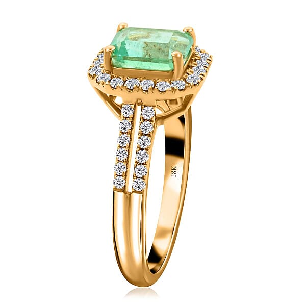 Iliana AAA Boyaca Colombian Emerald And G-H SI Diamond 1.70 Ctw Halo Ring In 18K Yellow Gold