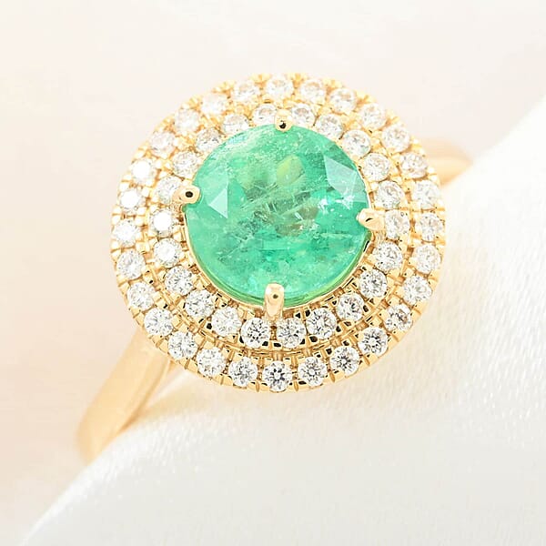 Iliana AAA Boyaca Colombian Emerald And SI Diamond 1.80 Ctw Double Halo Ring In 18K Yellow Gold 4.75 Grams