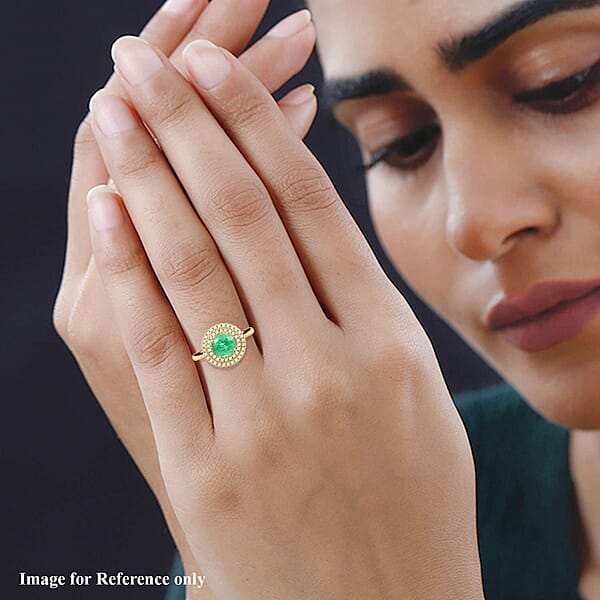 Iliana AAA Boyaca Colombian Emerald And SI Diamond 1.80 Ctw Double Halo Ring In 18K Yellow Gold 4.75 Grams