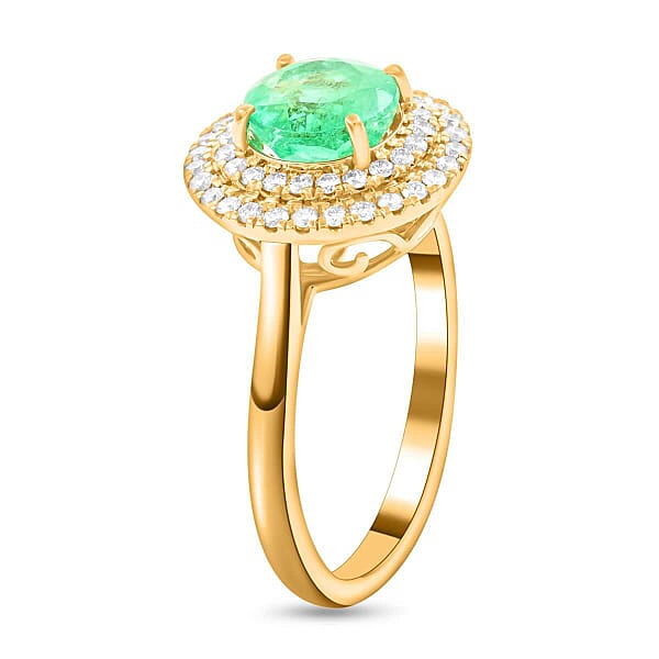 Iliana AAA Boyaca Colombian Emerald And SI Diamond 1.80 Ctw Double Halo Ring In 18K Yellow Gold 4.75 Grams