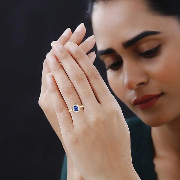 Iliana AAA Ceylon Blue Sapphire And G-H SI Diamond 1.20 Ctw Ring In 18K Yellow Gold