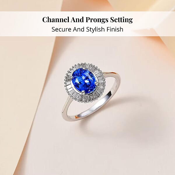 Iliana AAA Royal Ceylon Sapphire And G-H SI Diamond 1.75 Ctw Halo Ring In 18K White Gold